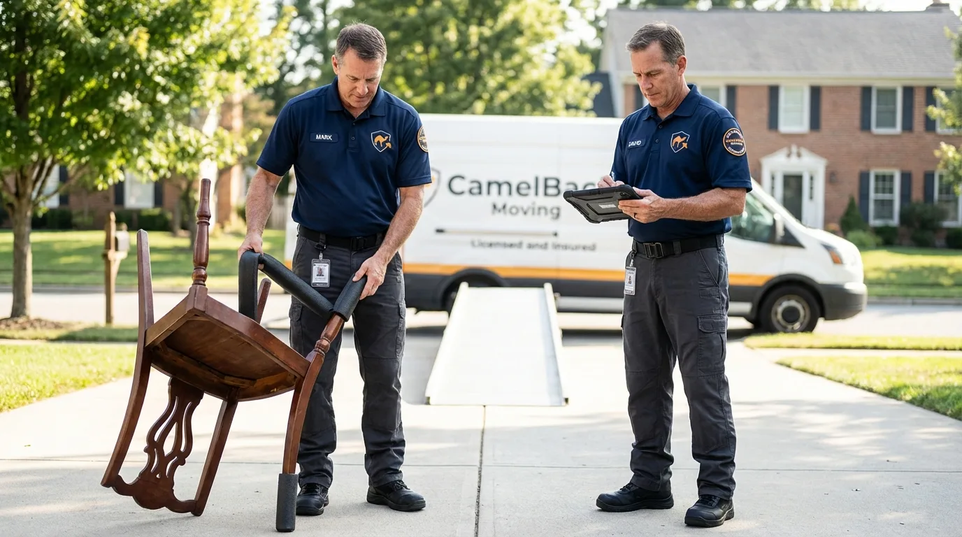 Movers inspecting furniture for damage prevention before loading in Kahoka, MO